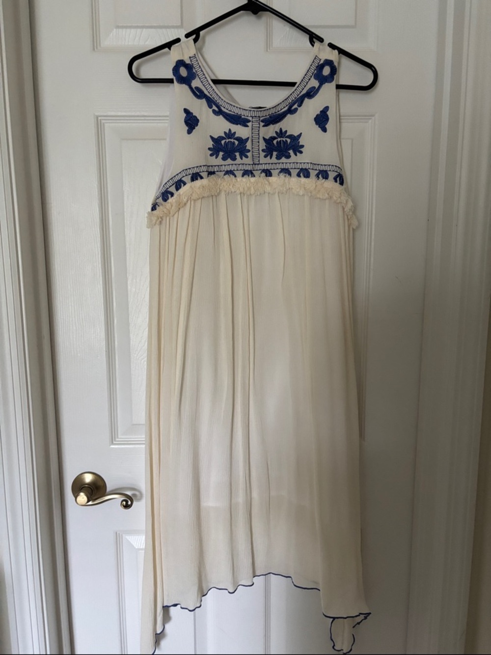 Cream and Blue Embroidered Girls' Dress